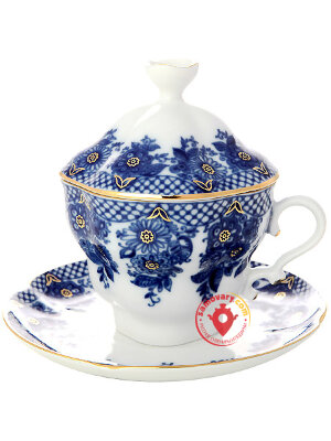 Чашка чайная с крышечкой и блюдцем форма Подарочная-2 рисунок Гирлянда Императорский фарфоровый завод